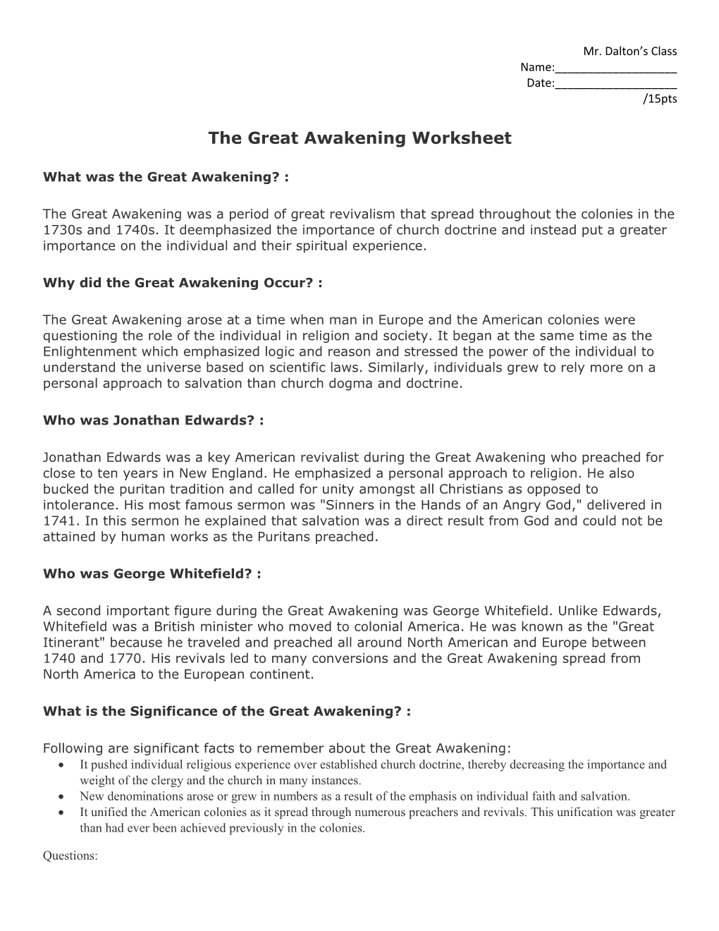 The Great Awakening Worksheet
