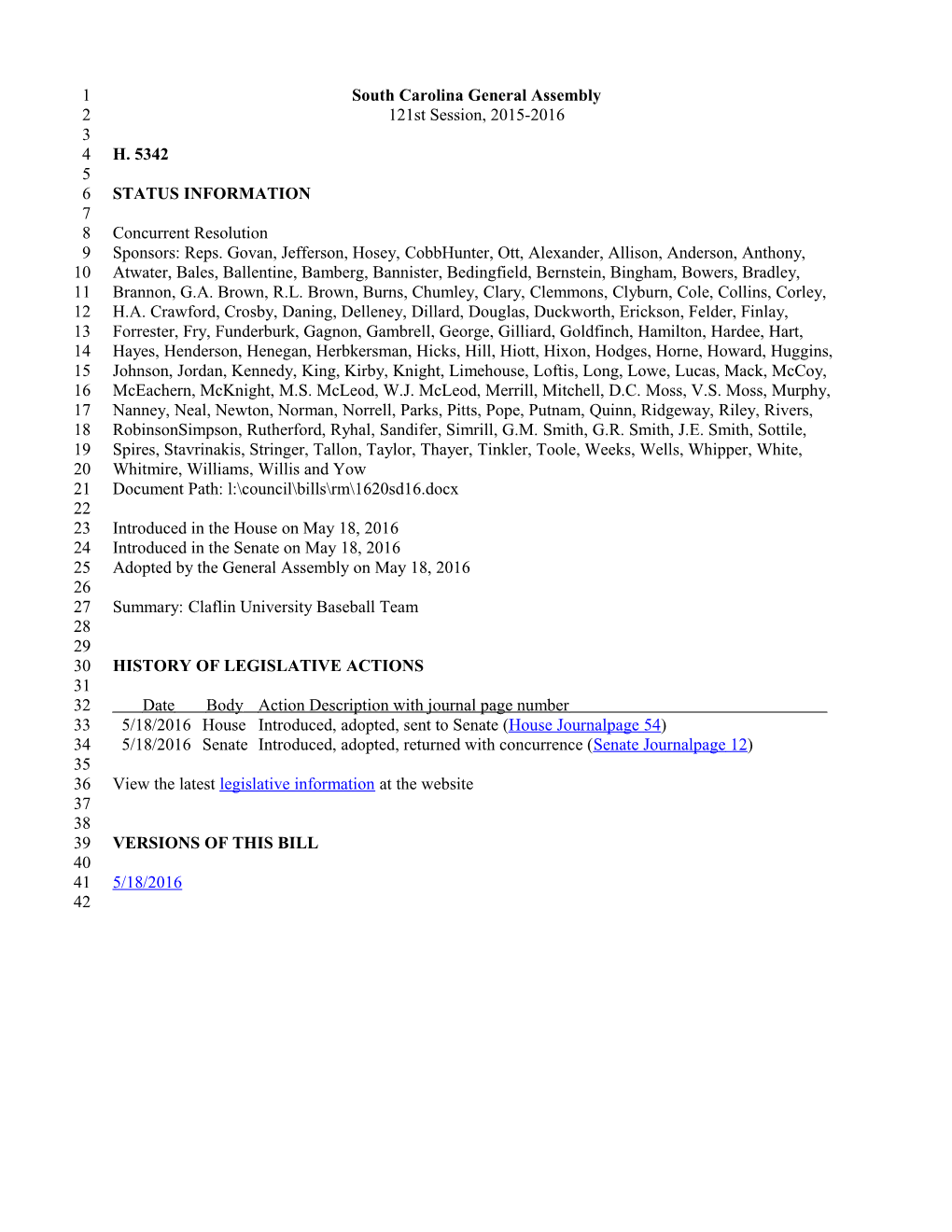 2015-2016 Bill 5342: Claflin University Baseball Team - South Carolina Legislature Online