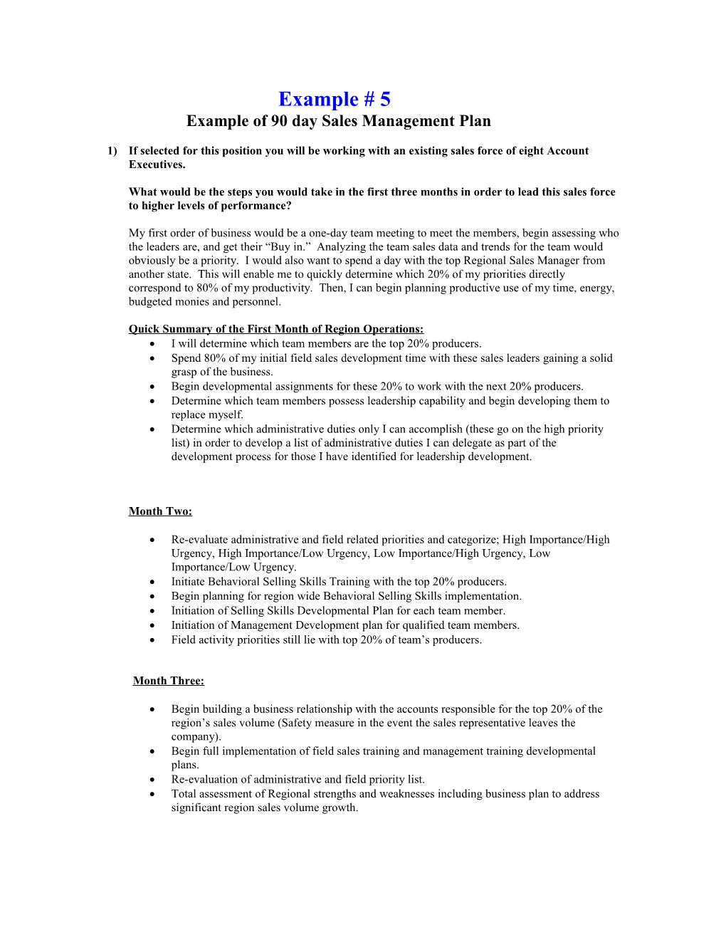 Example of 90 Day Sales Management Plan
