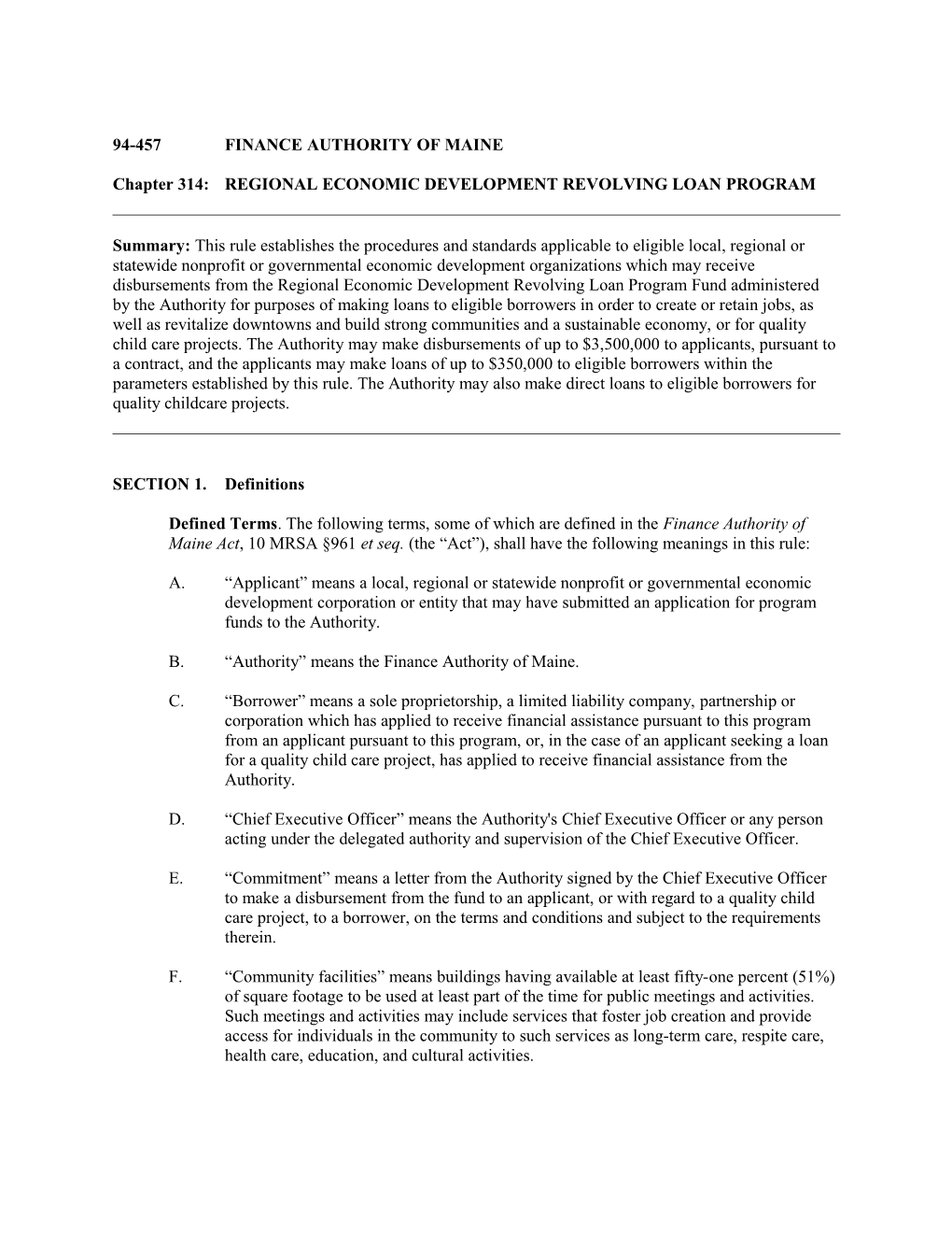 Chapter 314: REGIONAL ECONOMIC DEVELOPMENT REVOLVING LOAN PROGRAM