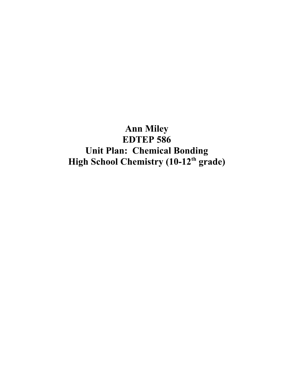 Unit Plan: Chemical Bonding