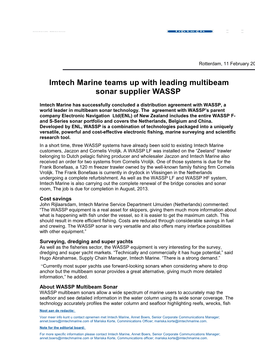 Imtech Marine Teams up with Leading Multibeam Sonar Supplier WASSP
