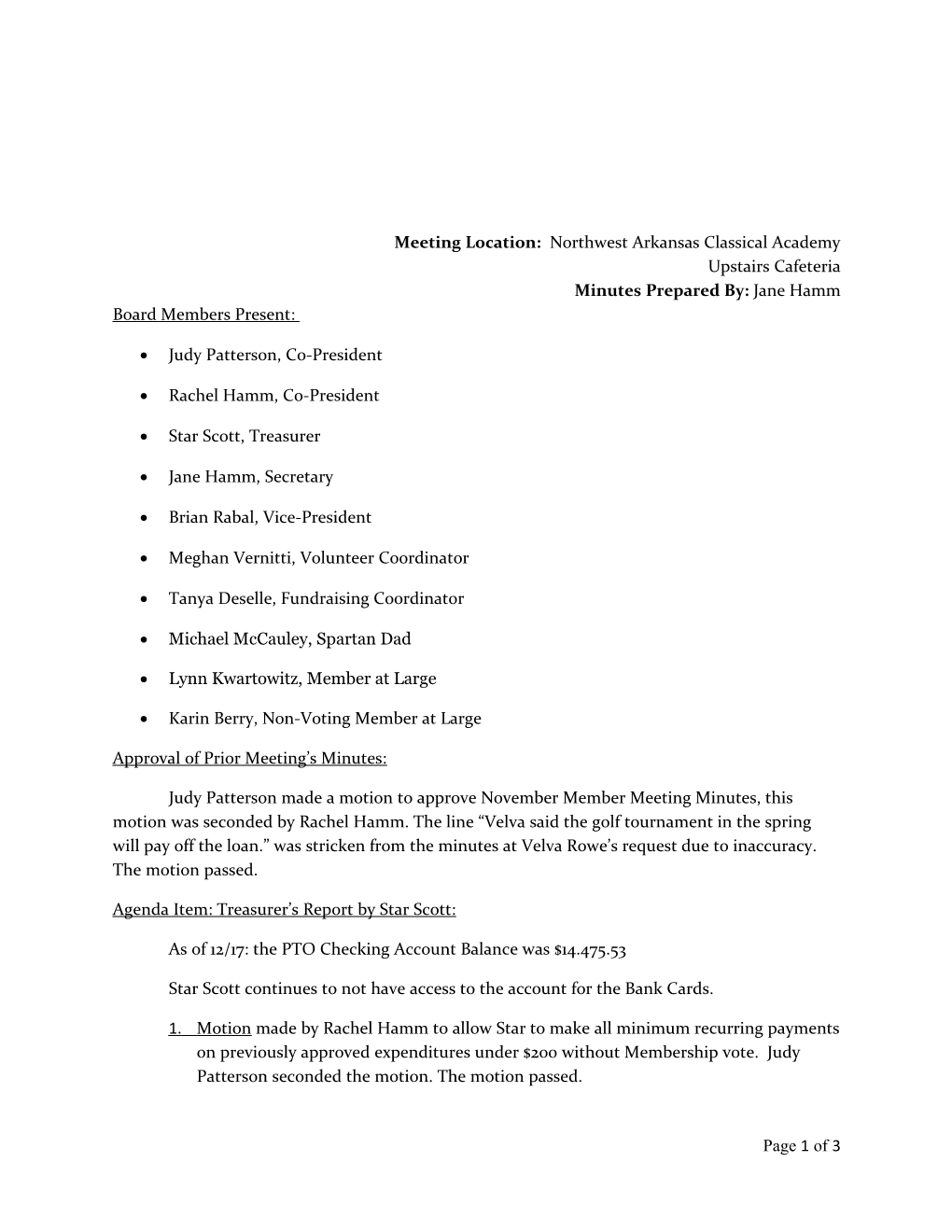 NORTHWEST ARKANSAS Classical Academy Pto Board Meeting Minutes