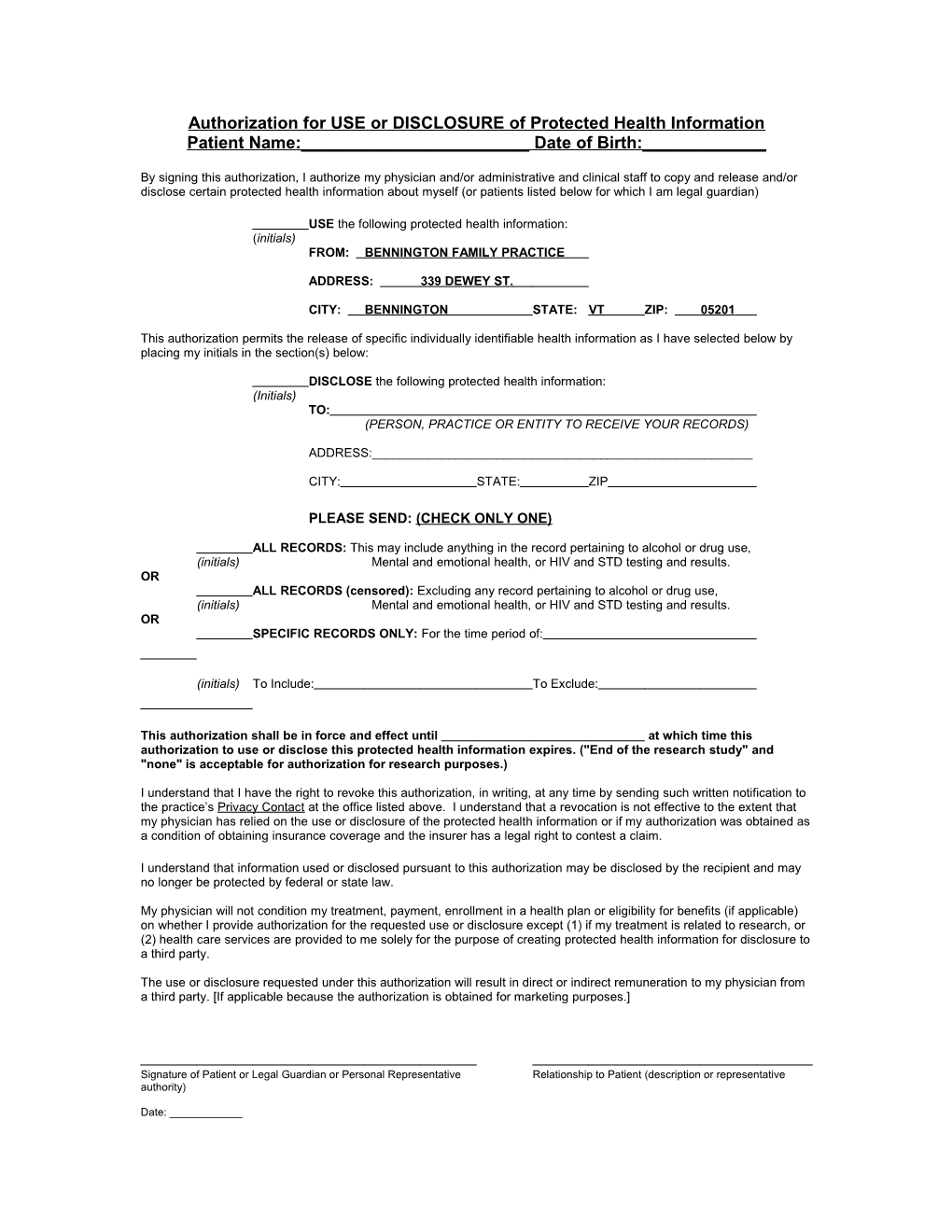 Authorization for USE Or DISCLOSURE of Protected Health Information