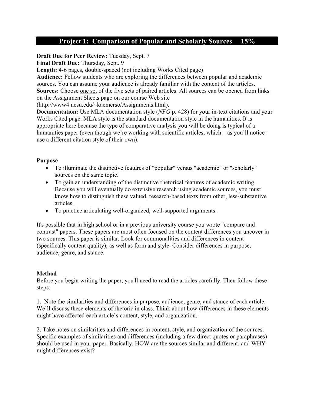 Project 1: Comparison of Popular and Academic Sources (5%)