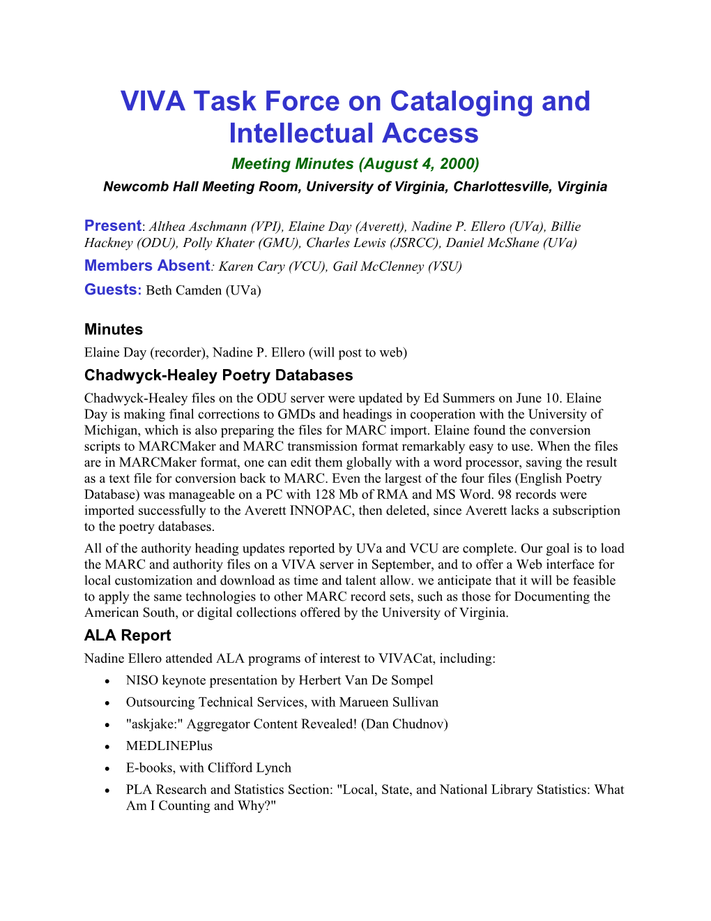 VIVA Task Force on Cataloging and Intellectual Access