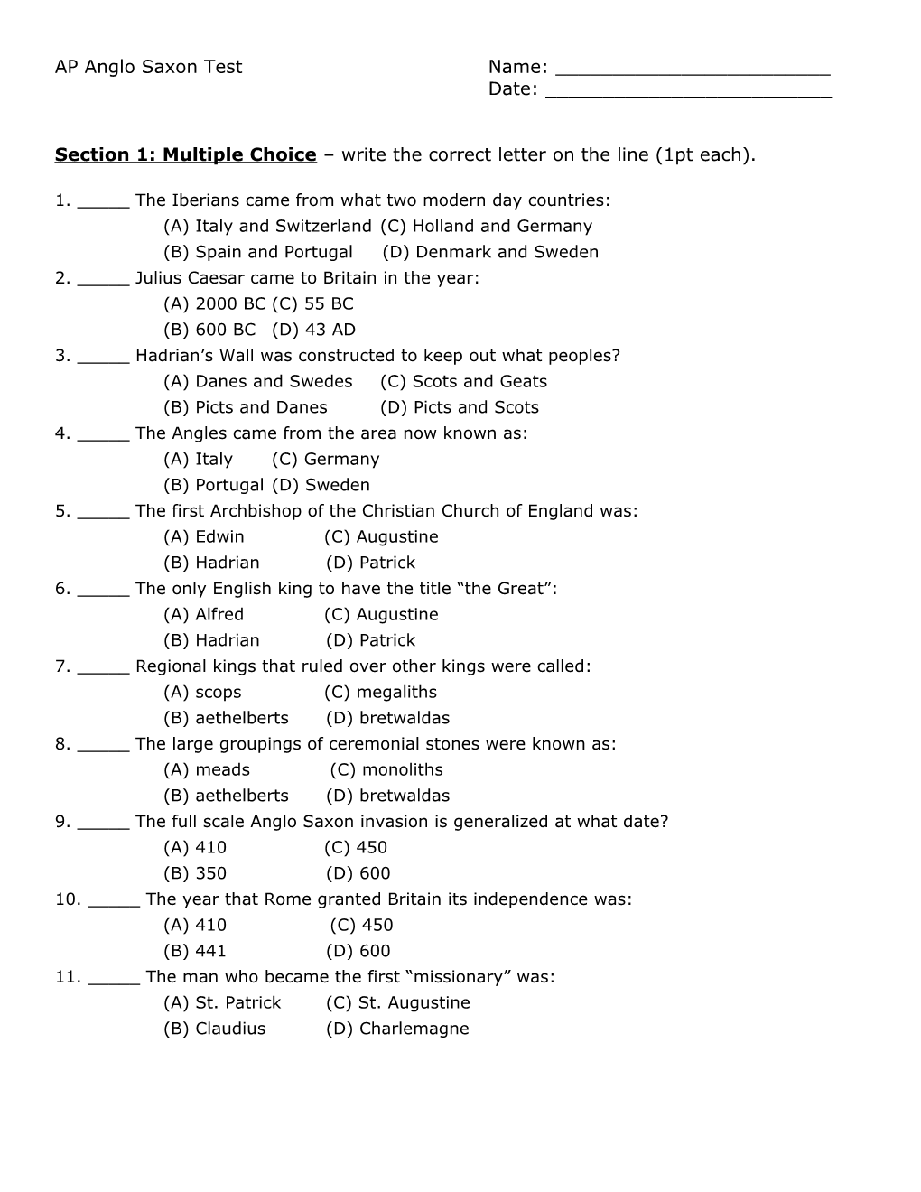 12Th Grade Anglo Saxon Test