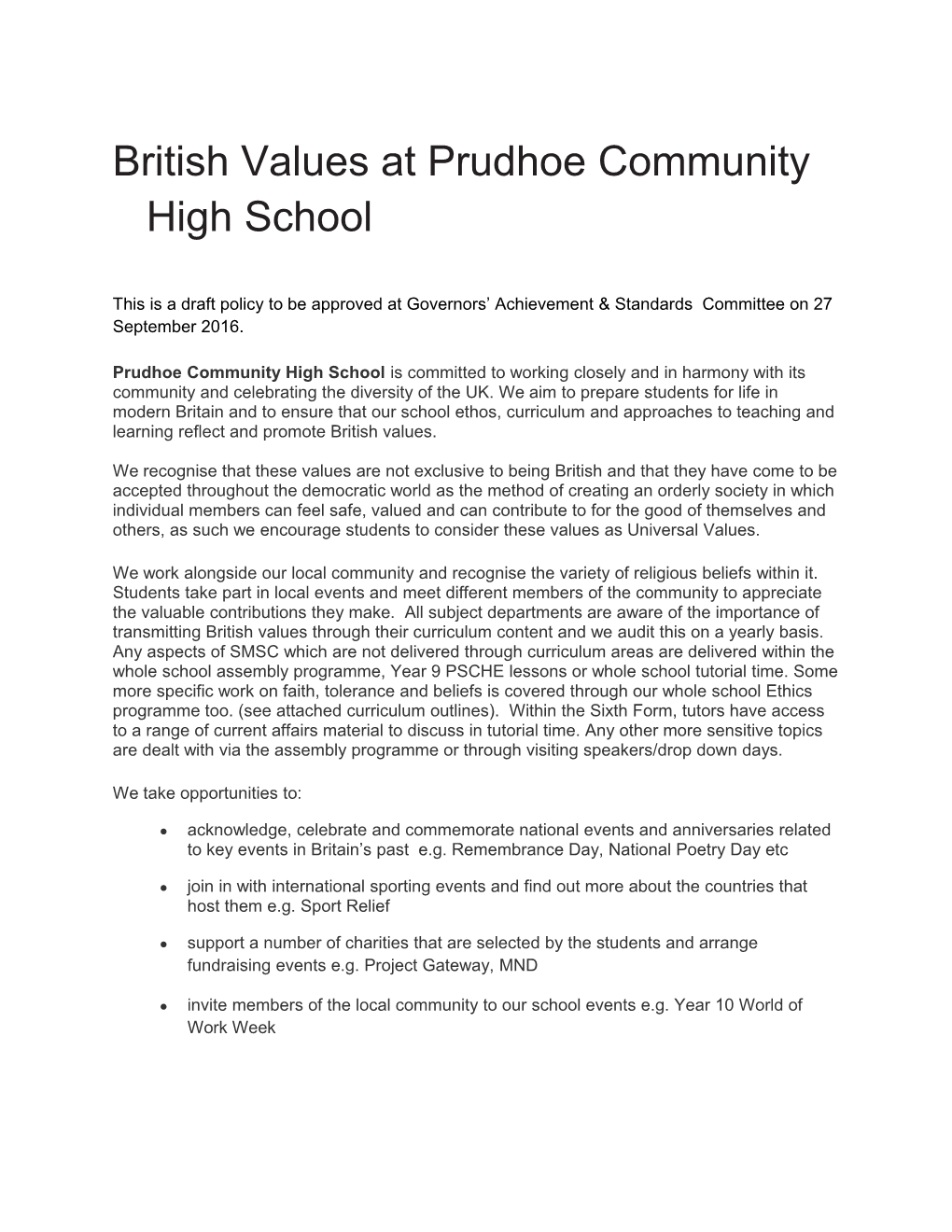 British Values at Prudhoe Community High School