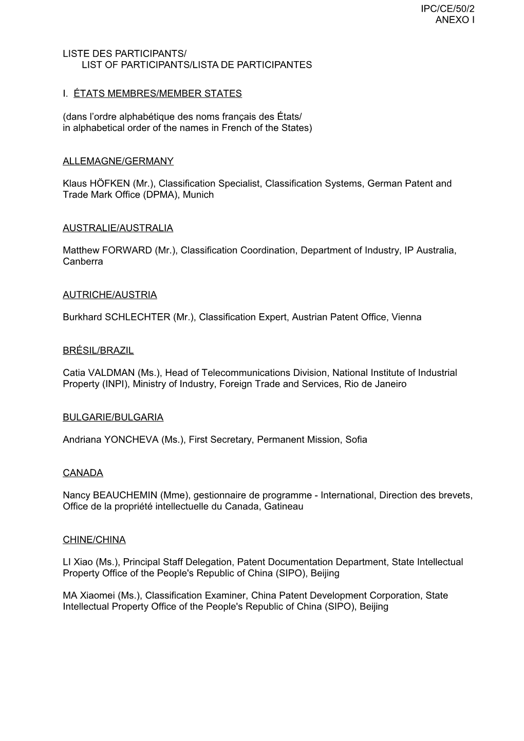 IPC/CE/50/2 (Anexo I), Lista De Participantes, Informe De La 50A Sesión Del Comité De Expertos