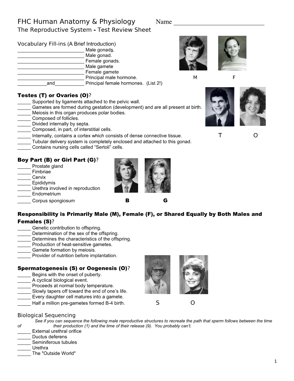 The Reproductive System - Test Review Sheet