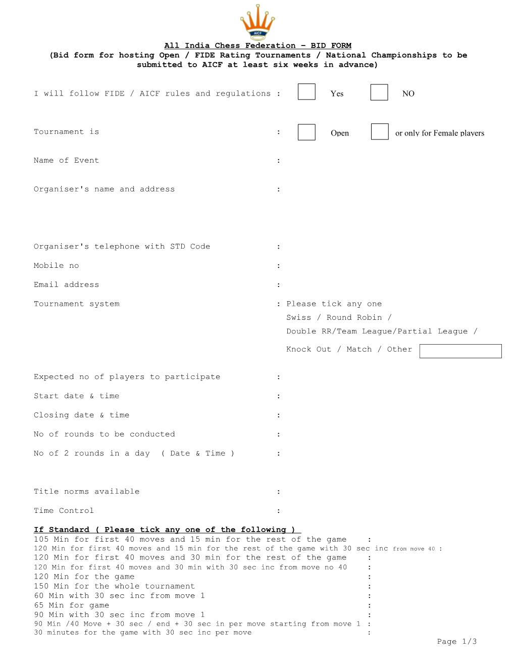 All India Chess Federation BID FORM