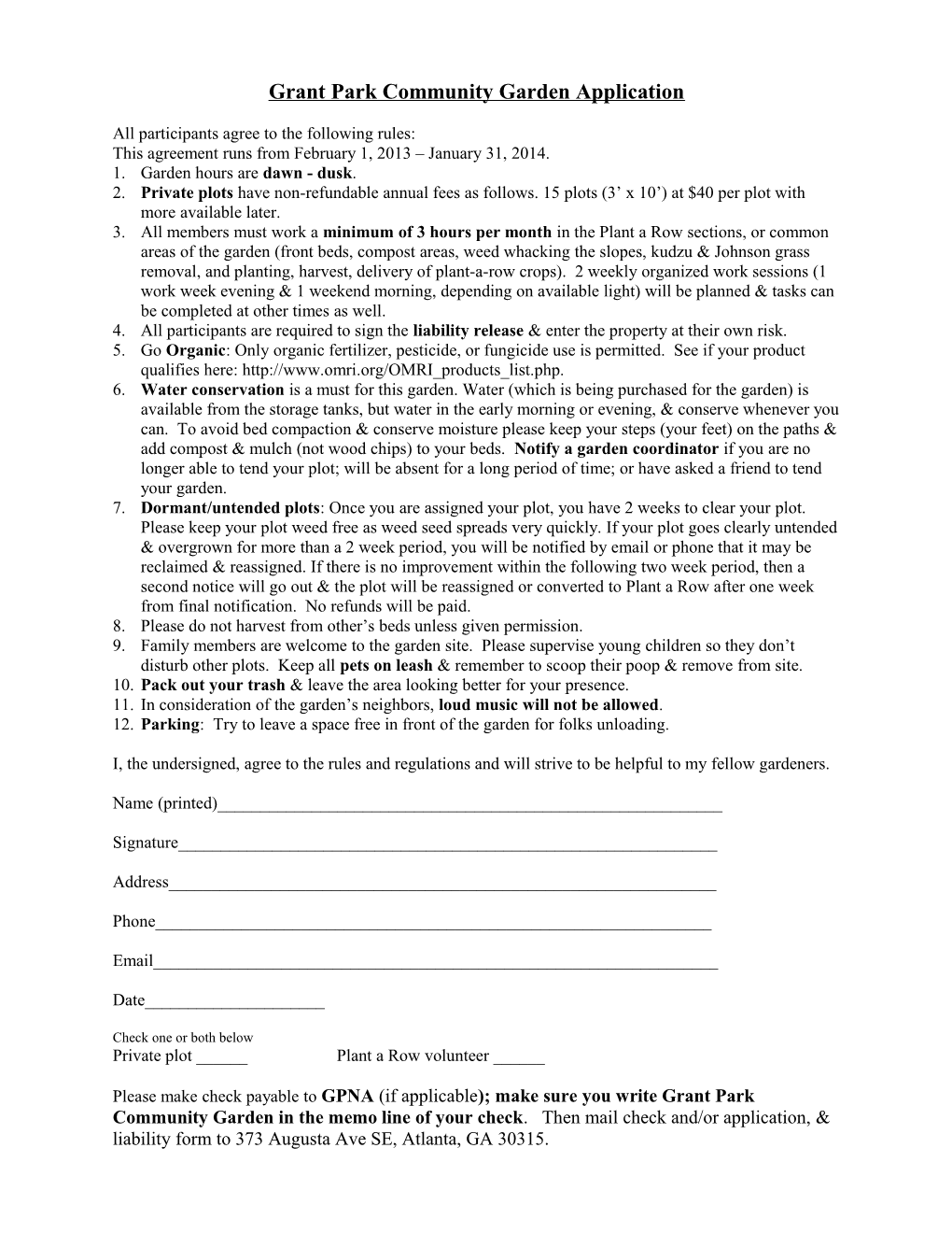 Oakhurst Community Garden Project Garden Plot Agreement