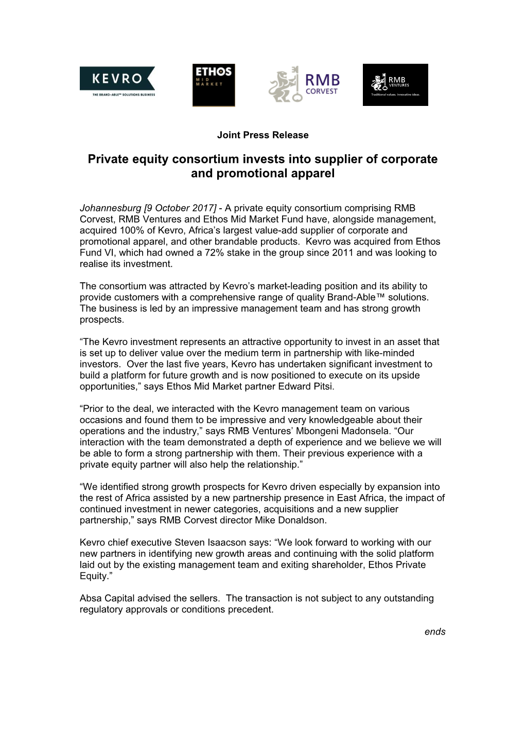 Private Equity Consortium Invests Into Supplier of Corporate and Promotional Apparel