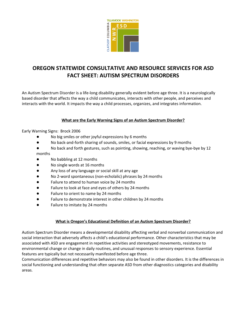 Oregon Statewide Consultative and Resource Services for Asd