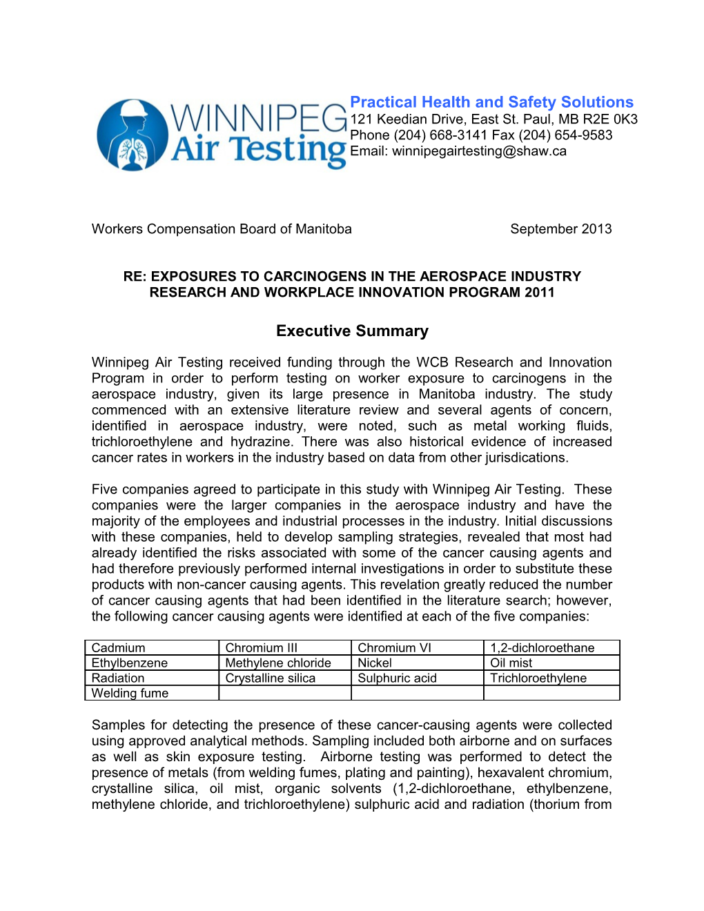 RE: Exposures to Carcinogens in the Aerospace Industry