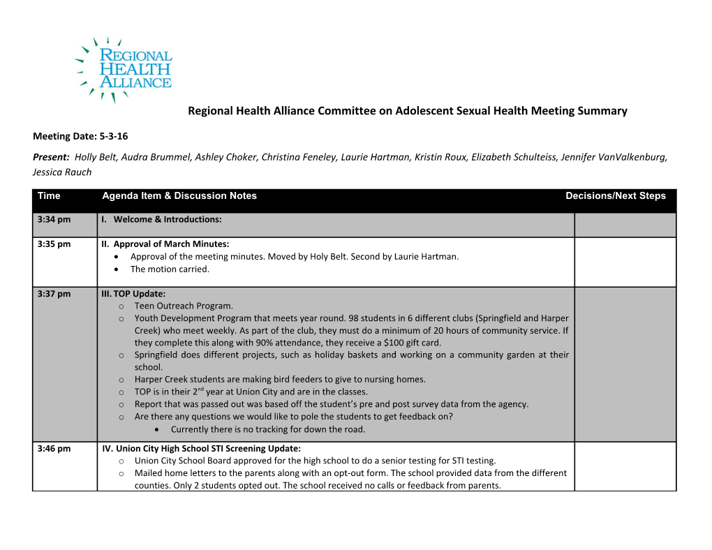 Regional Health Alliance Committee on Adolescent Sexual Health Meeting Summary