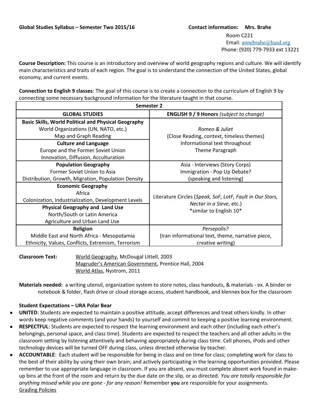 Global Studies Syllabus Semester Two 2015/16Contact Information:Mrs. Brahe