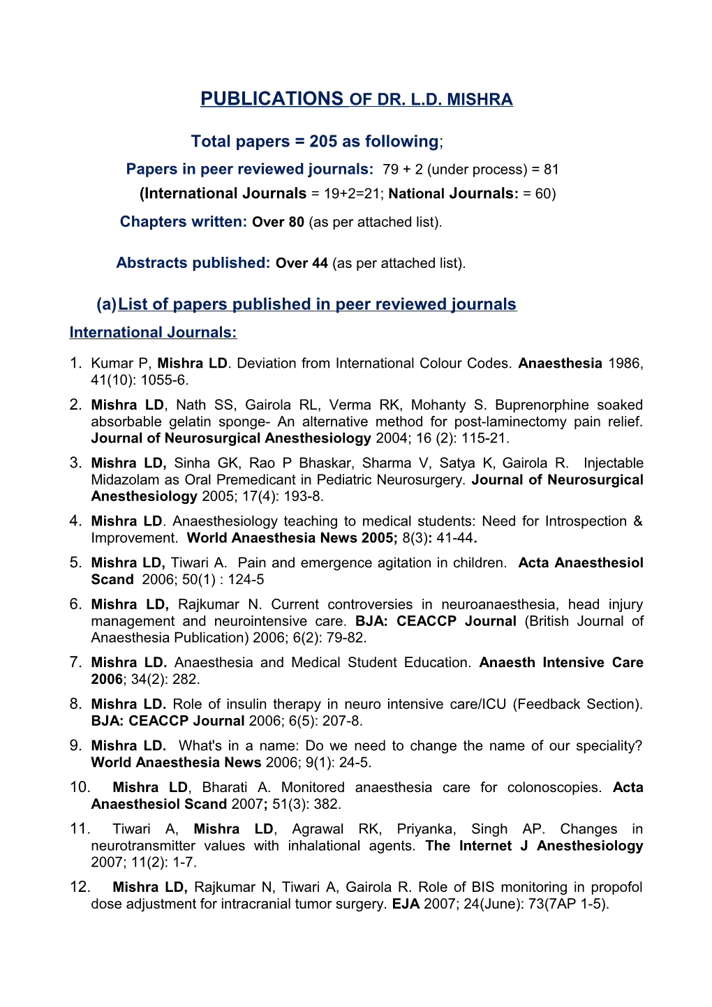 Publications of Dr. L.D. Mishra