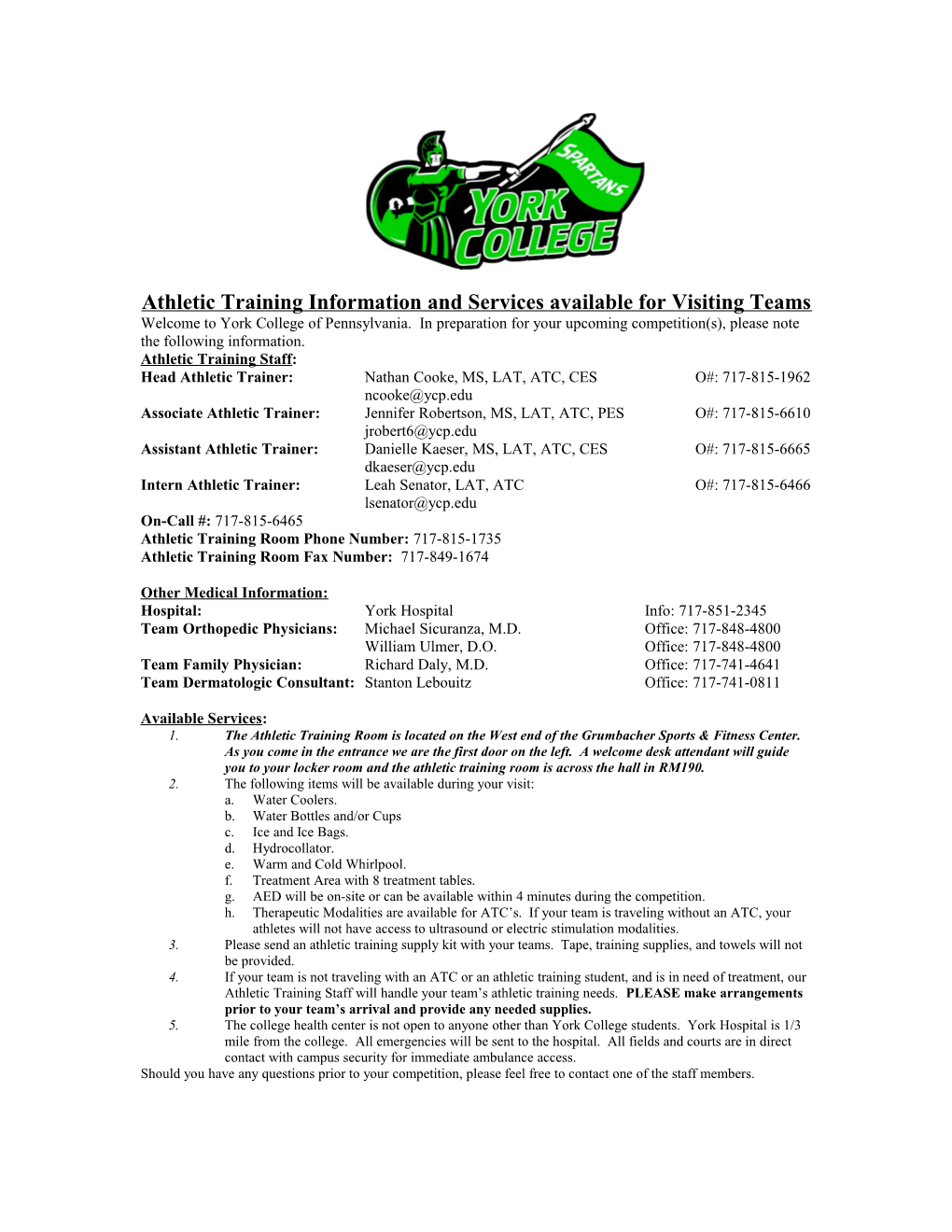 Athletic Training Information and Services Available for Visiting Teams