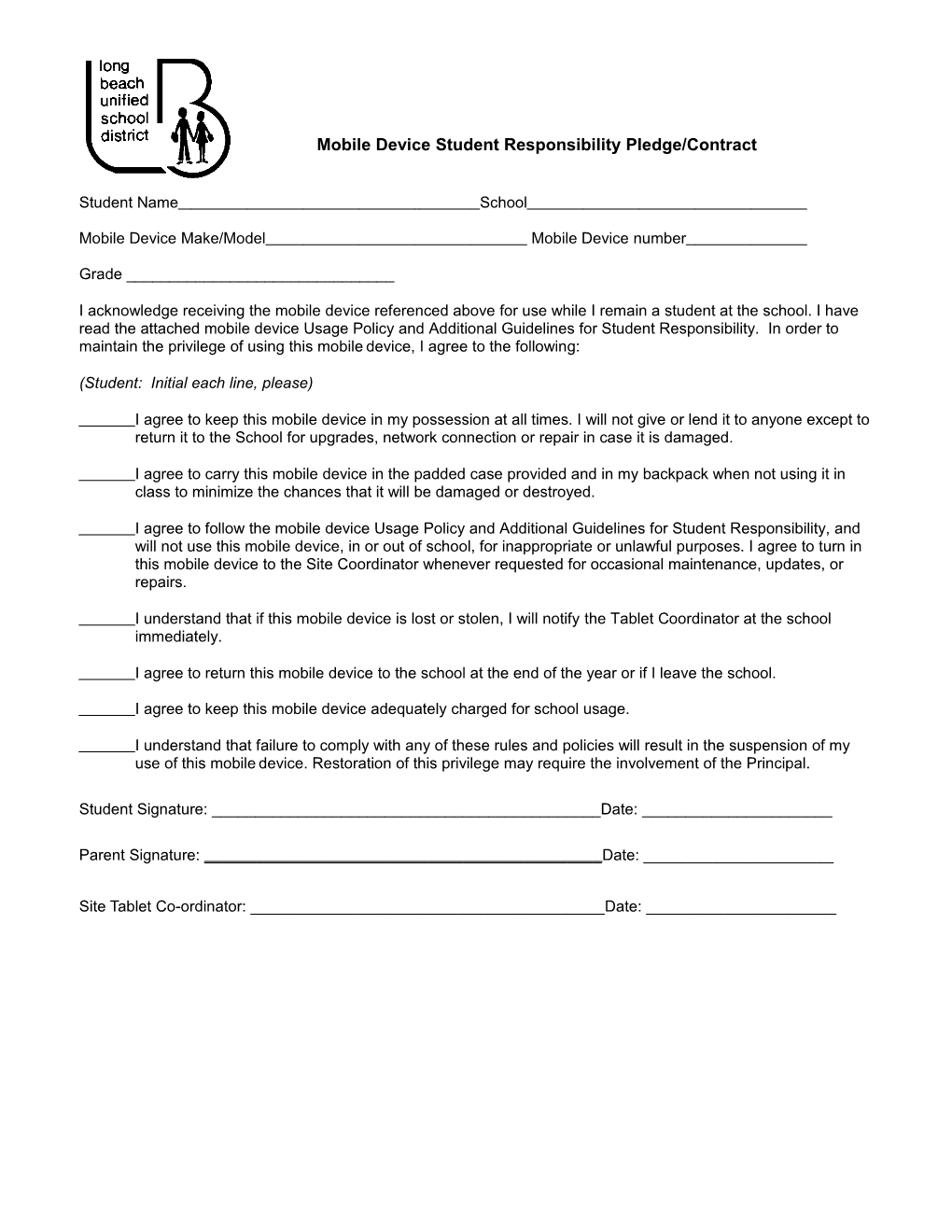 Mobile Device Student Responsibility Pledge/Contract