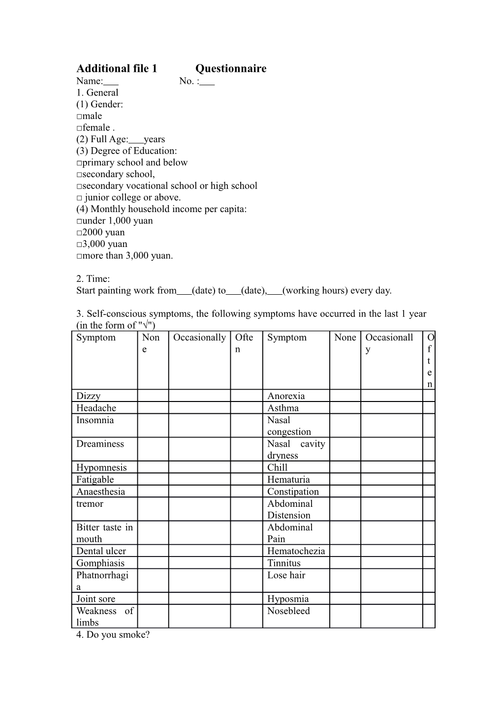 Additional File 1 Questionnaire