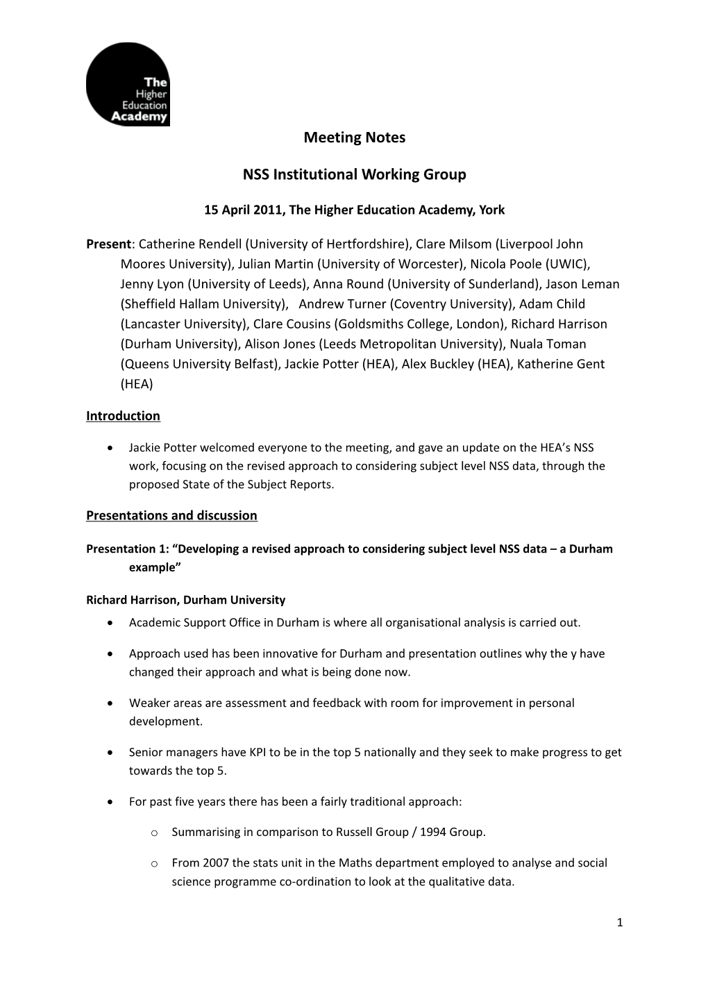 NSS Institutional Working Group