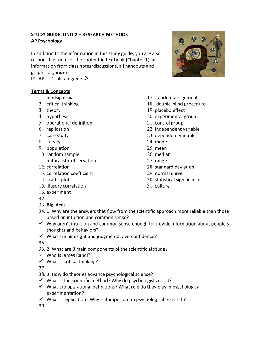 Study Guide: Unit 2 Research Methods