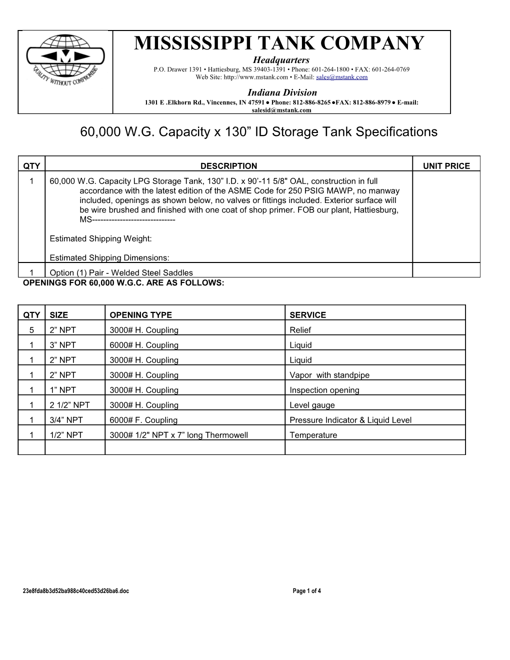 60,000 W.G. Capacity X 130 ID Storage Tank Specifications