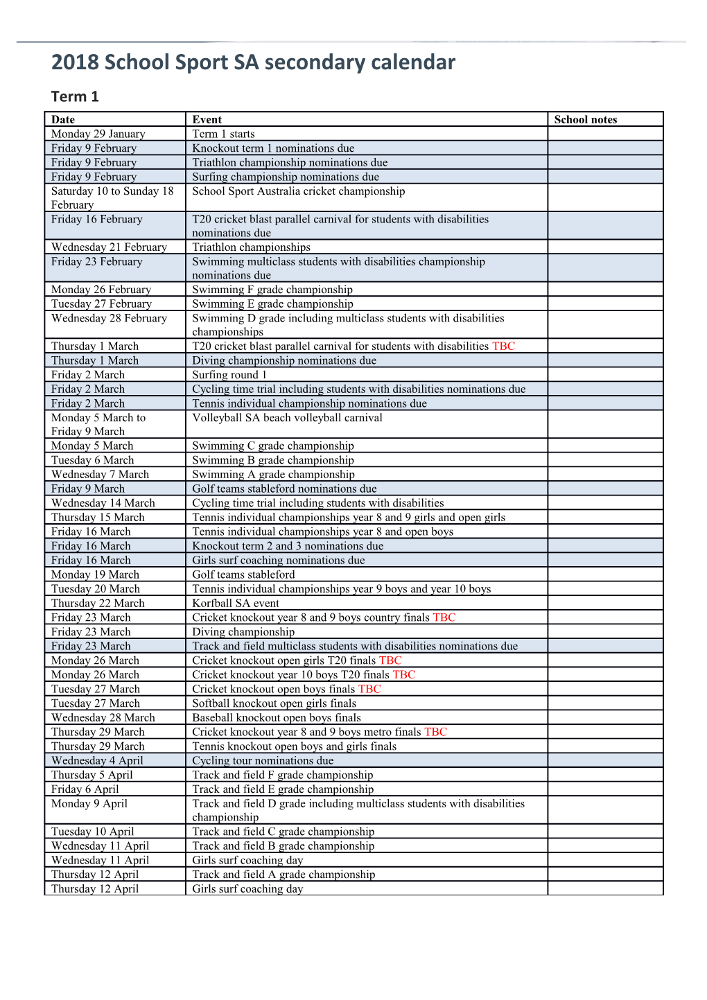 Secondary Calendar of Events