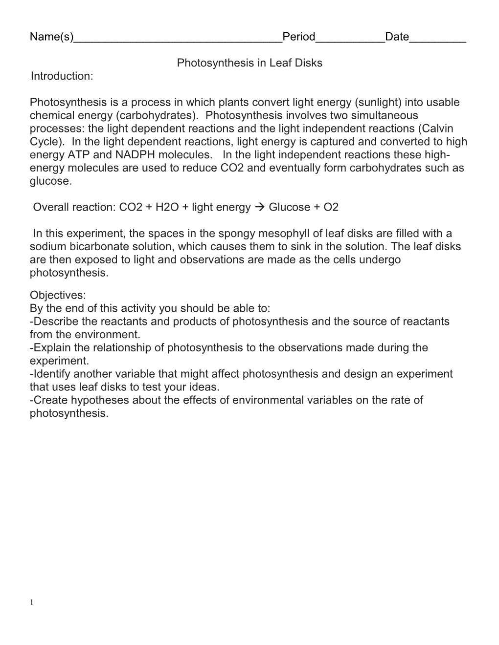 Photosynthesis in Leaf Disks