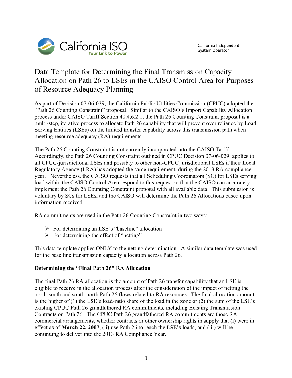 Contract Data Request for Allocating Transmission Capacity on Path 26 to Lses in the CAISO