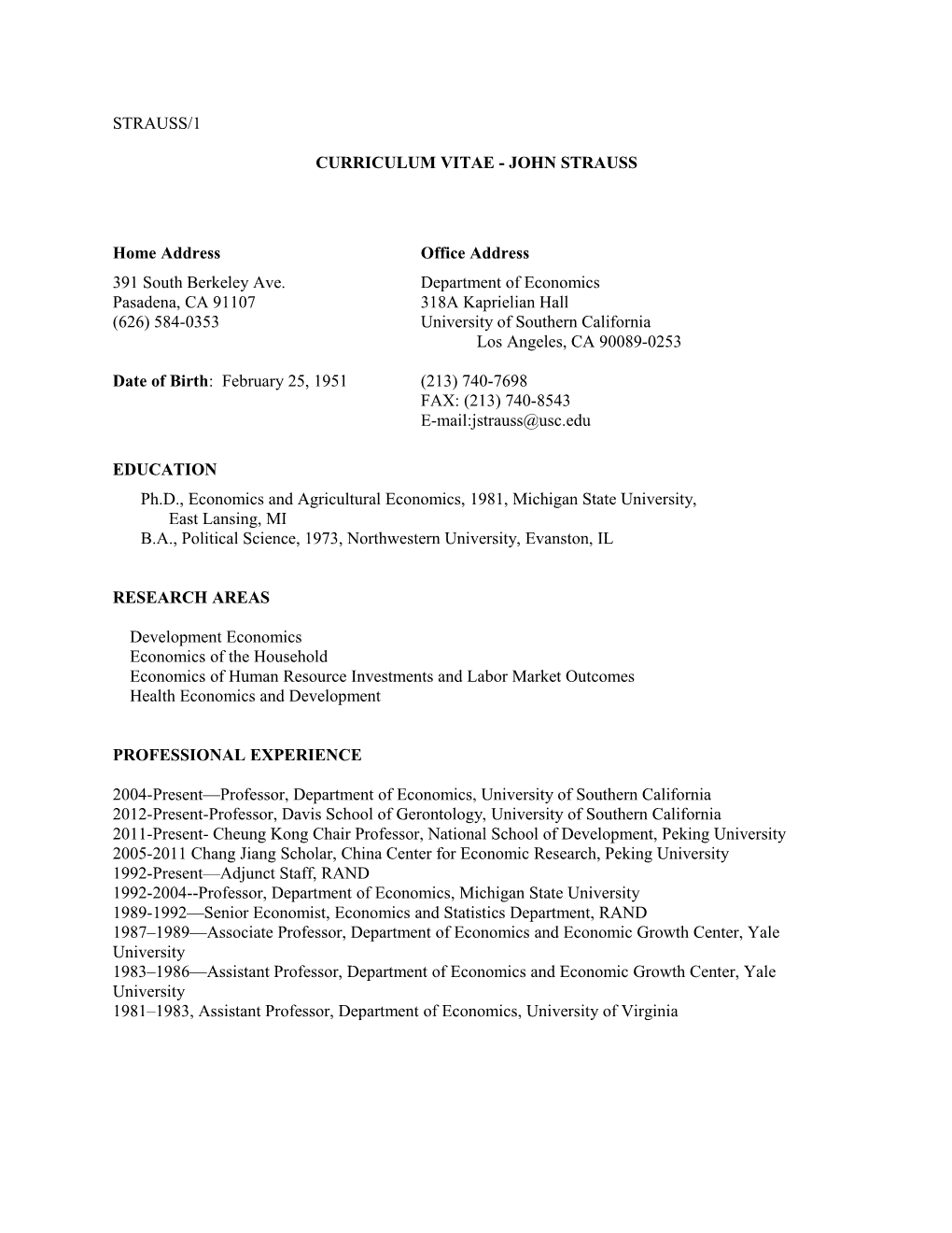 Curriculum Vitae - John Strauss