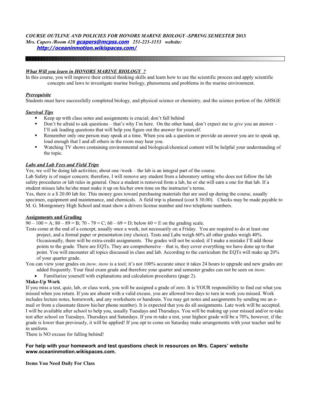 Course Outline and Policies for Honors Chemistry I