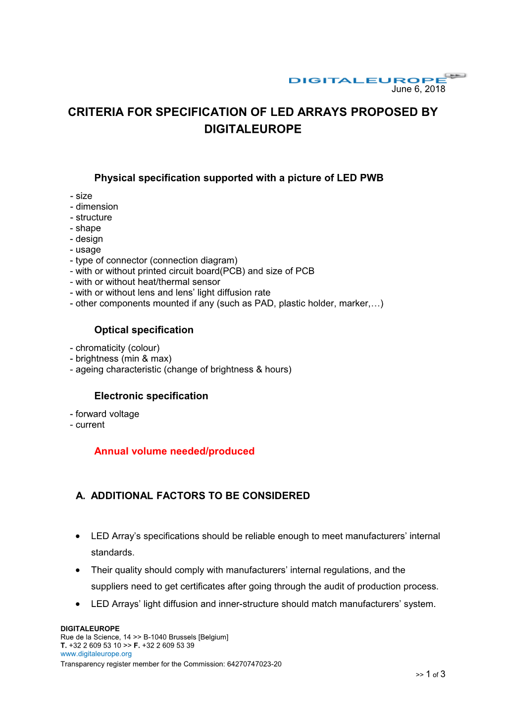 Criteria for Specification of LED Arrays Proposed by DIGITALEUROPE