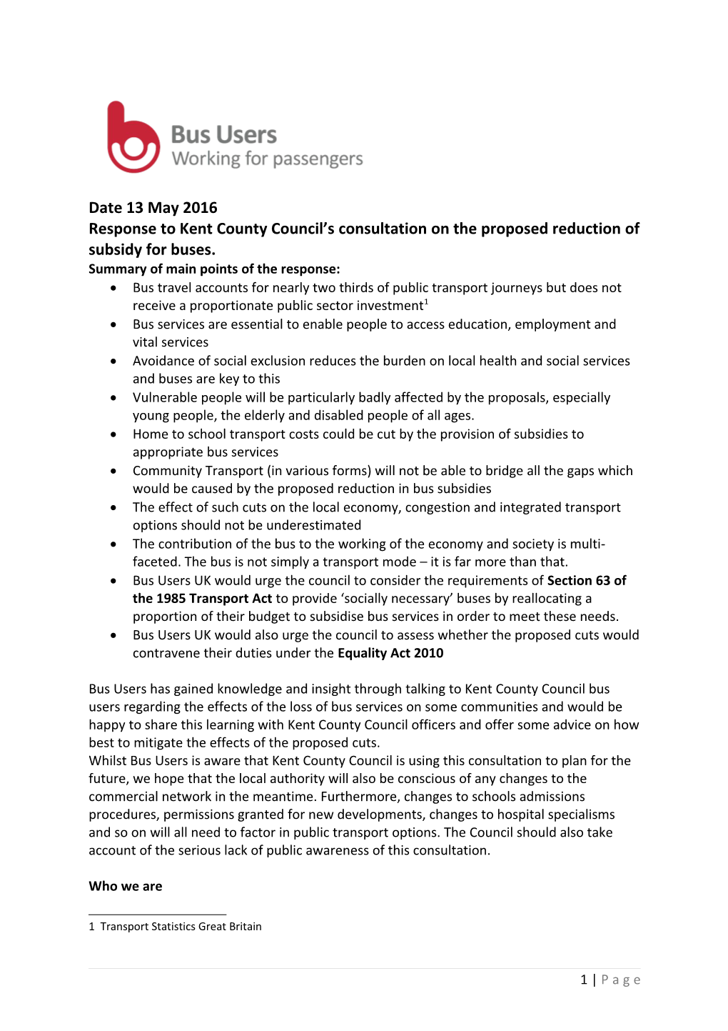 Response to Kent County Council S Consultation on the Proposed Reduction of Subsidy for Buses