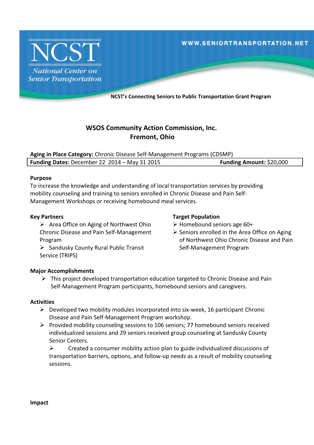 NCST S Connecting Seniors to Public Transportation Grant Program