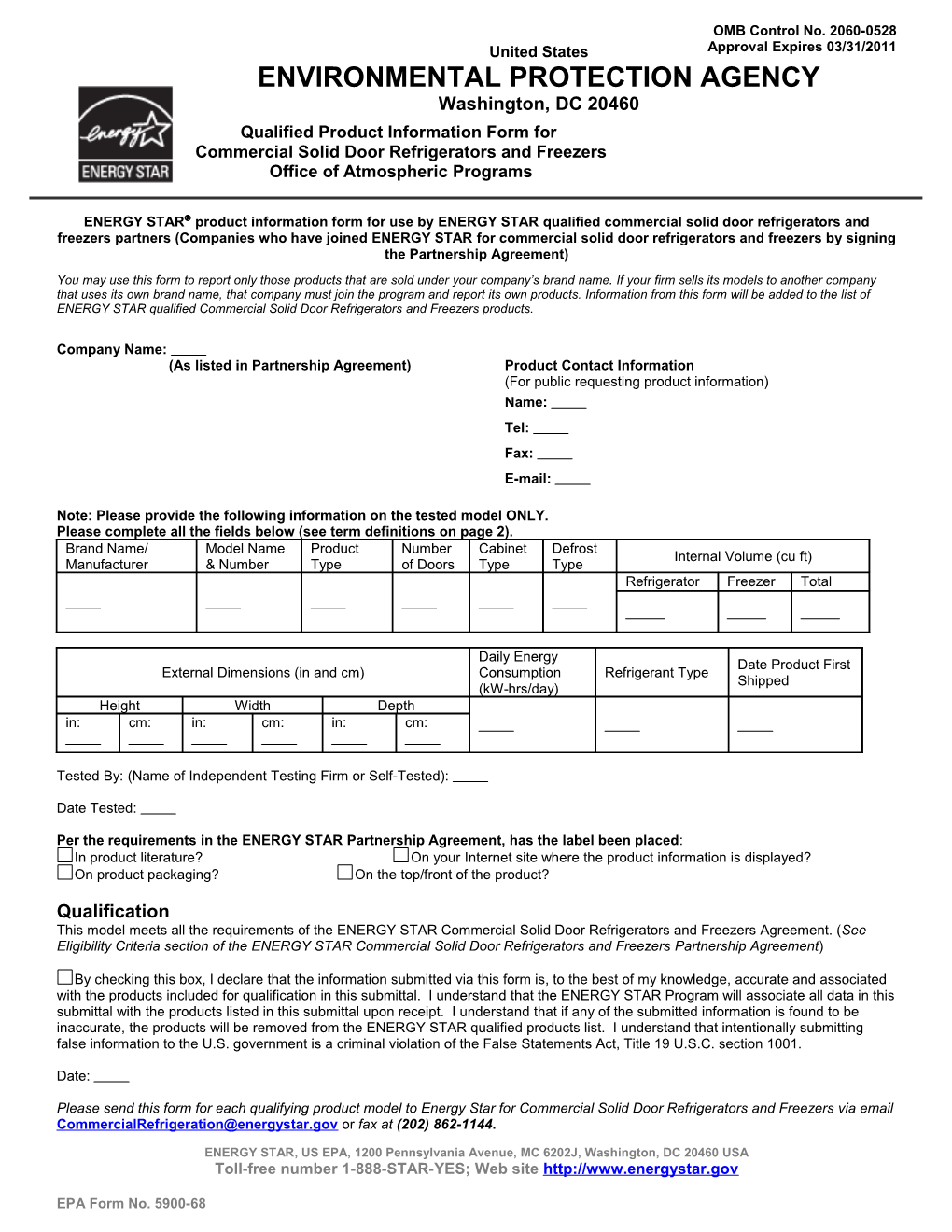 Qualified Product Information Form for Commercial Solid Door Refrigerators and Freezers