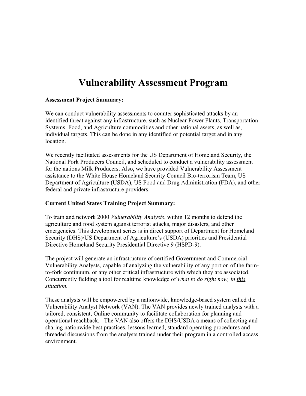 Vulnerability Assessment Program