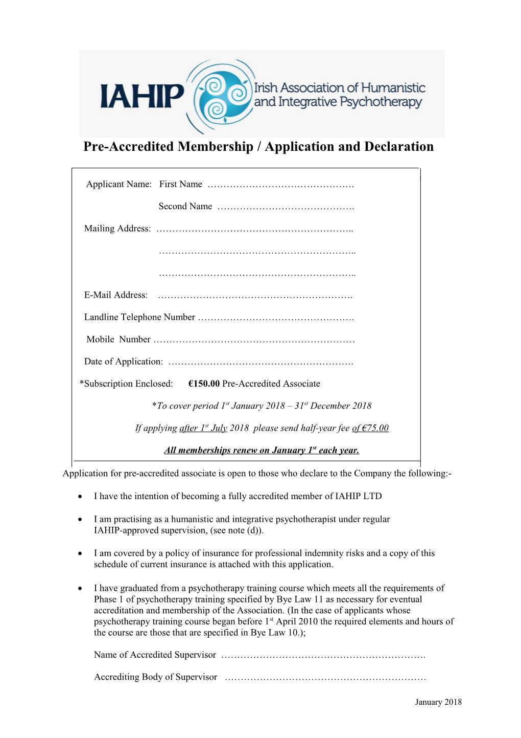 Pre-Accredited Membership / Application and Declaration