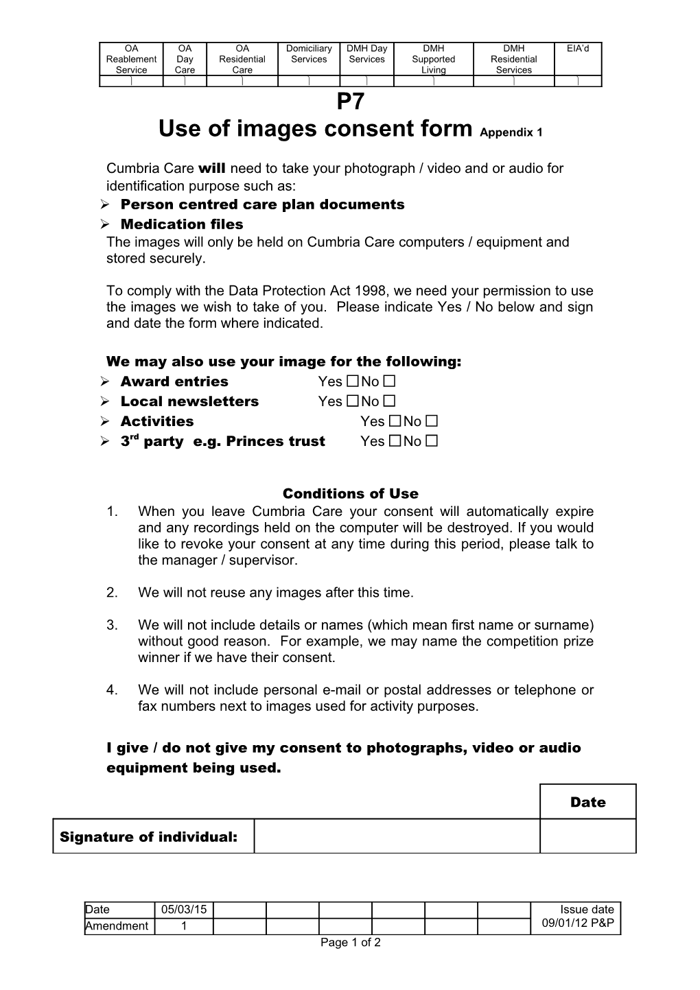 Use of Images Consent Form Appendix 1