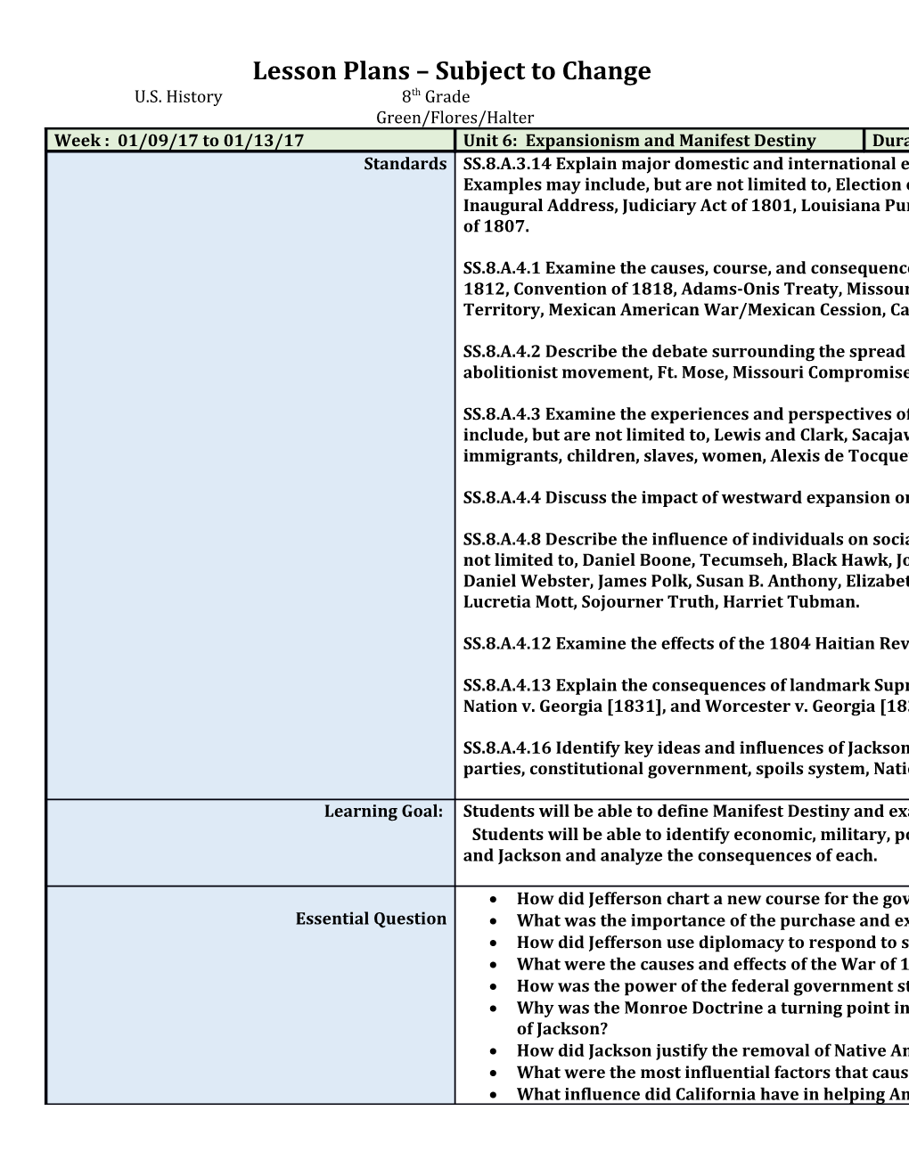 Lesson Plans Subject to Change