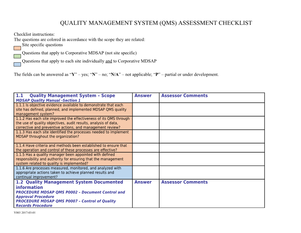 QMS Implementation Assessment Checklist