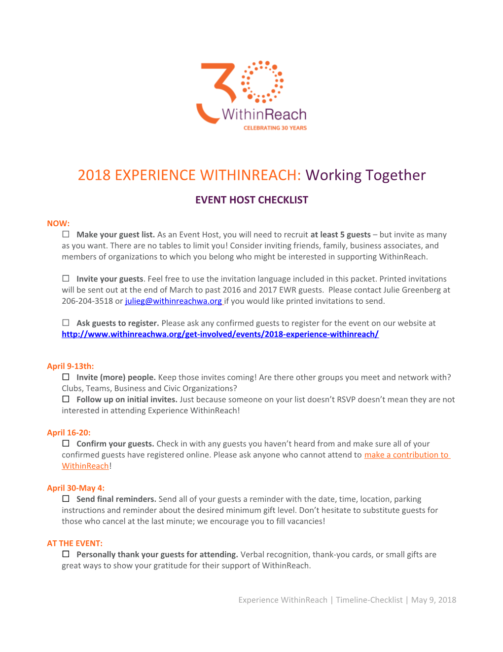 2018EXPERIENCE WITHINREACH:Working Together