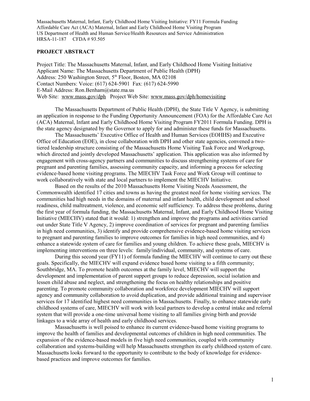 Massachusetts Maternal, Infant, Early Childhood Home Visiting Initiative: FY11 Formula Funding