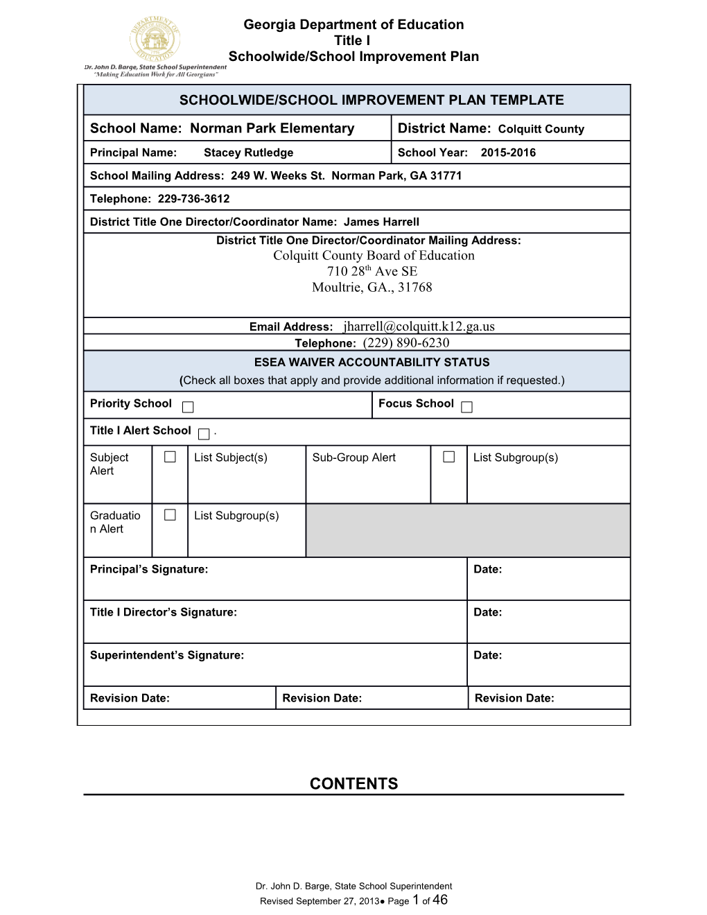 Schoolwide/School Improvement Plan Template