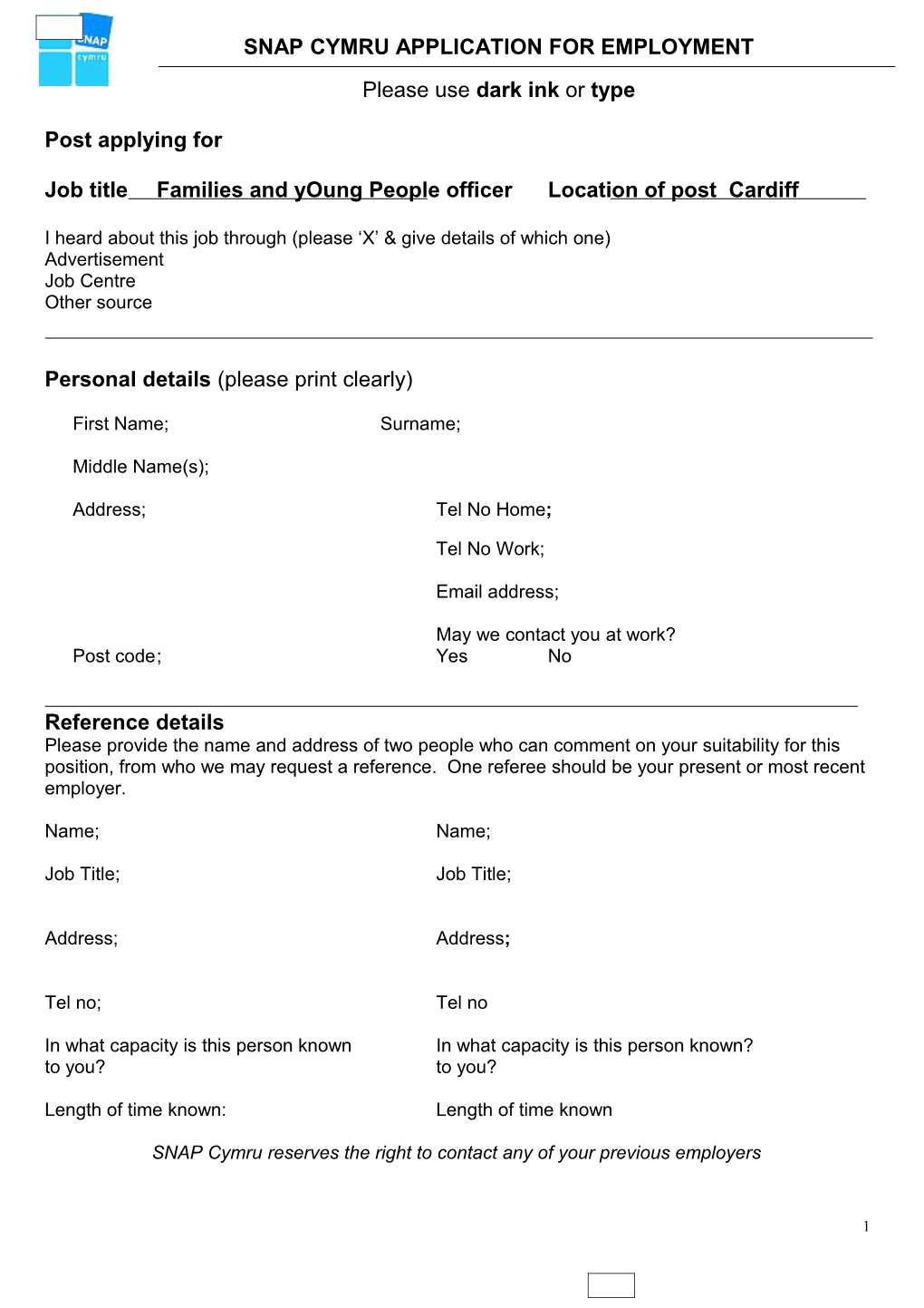 SNAP Cymru Application for Employment