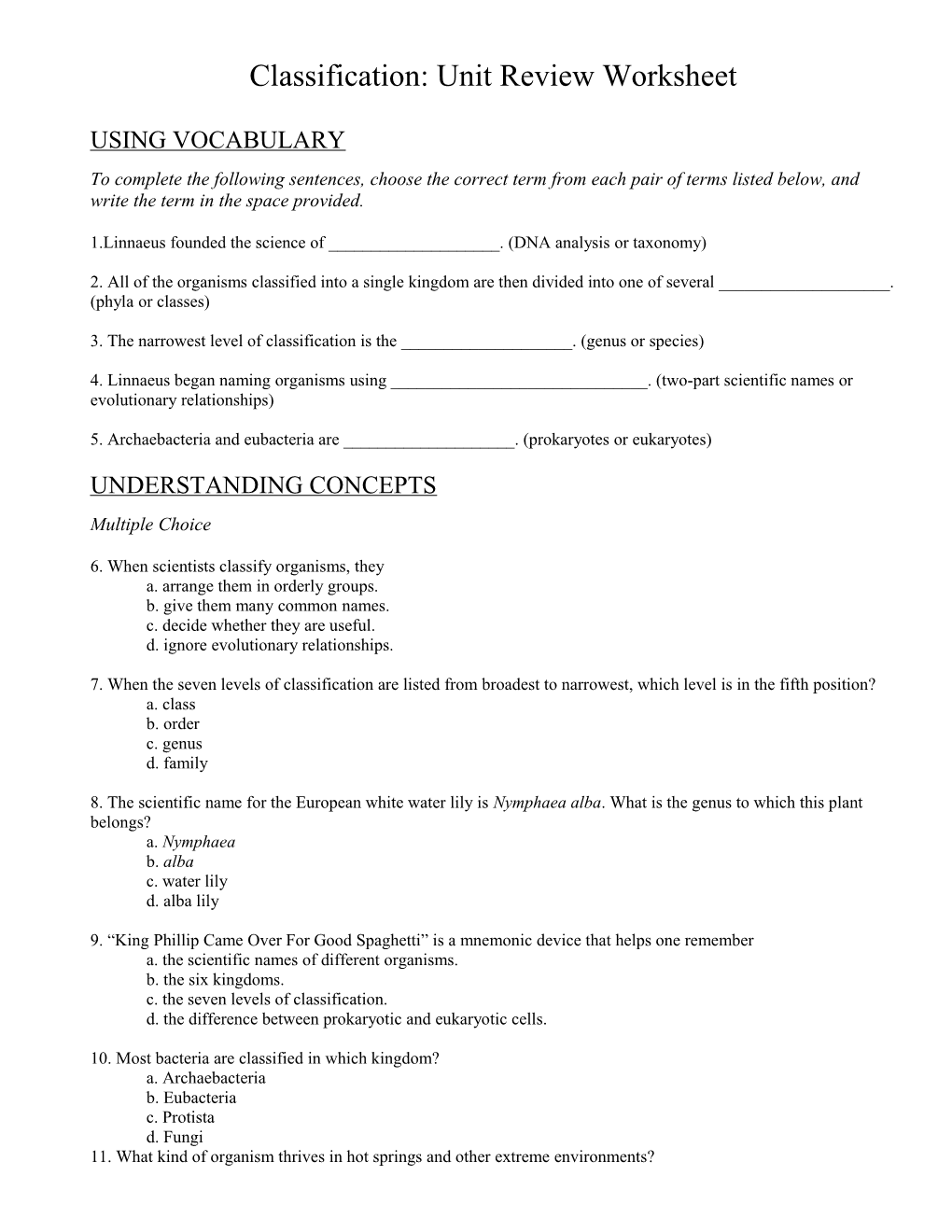 Classification: Unit Review Worksheet