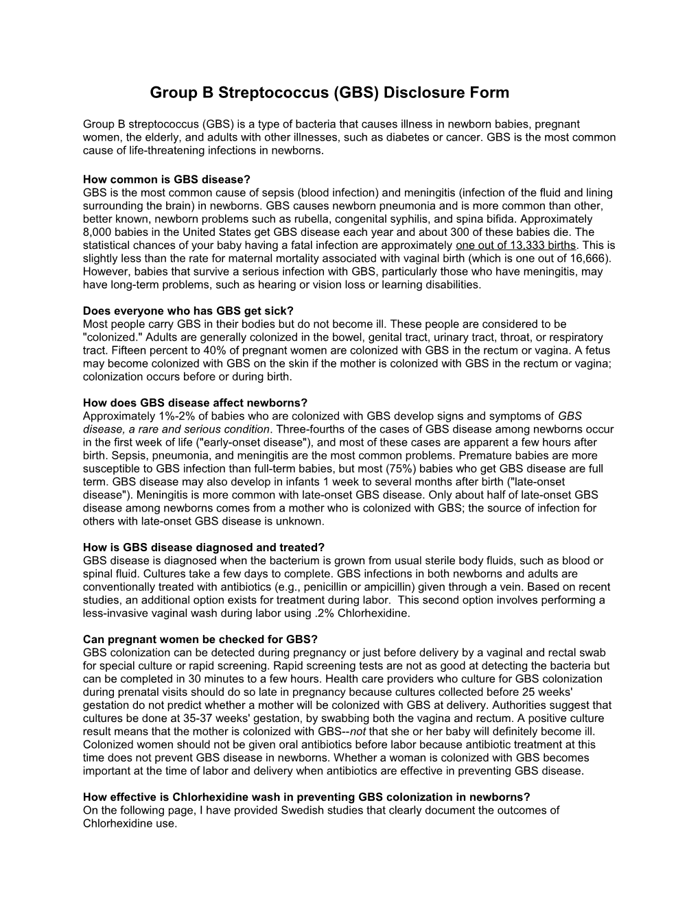 Group B Streptococcus (GBS) Disclosure Form