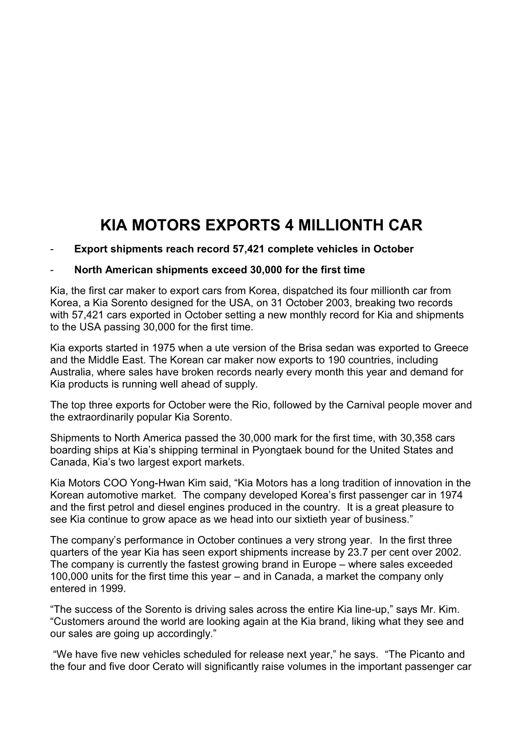 Kia Motors Exports 4 Millionth Car