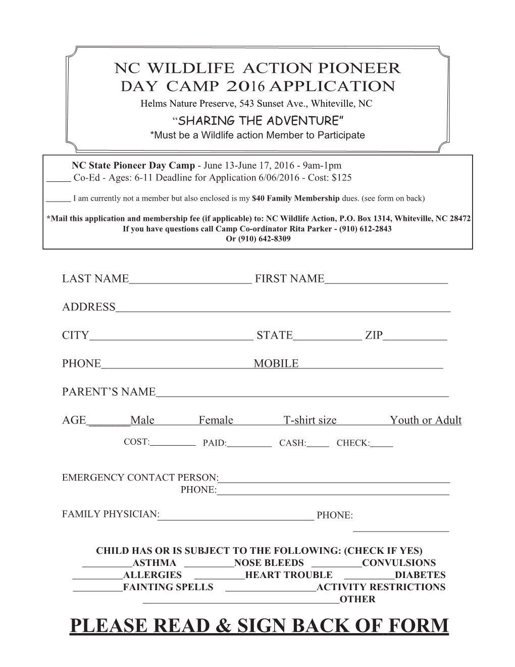 Nc Wildlife Action Pioneer Day Camp 2016 Application